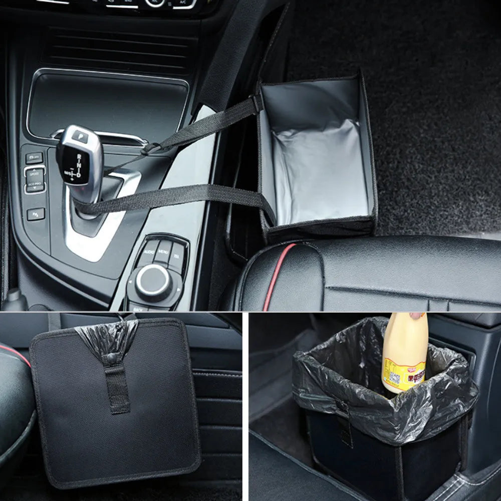 Foldable black Oxford car wastebasket with adjustable strap held on red seat headrest