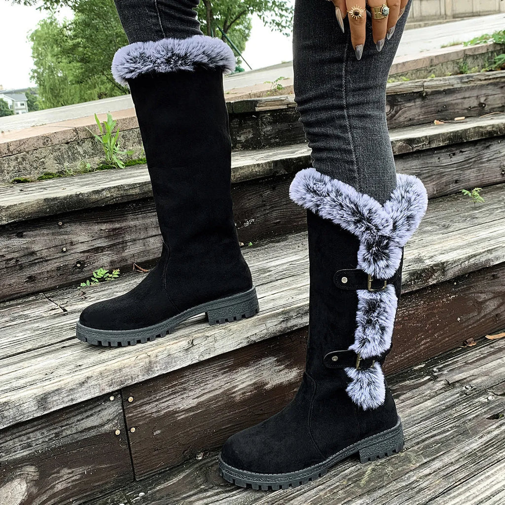 Women's thick velvet snow boots with rabbit fur lining, suede upper, belt buckle, and waterproof platform sole in black