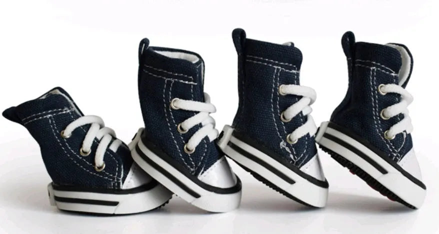 Pair of pet denim canvas dog shoes in navy blue with non-slip sole, size options 1-5 for small to medium dogs