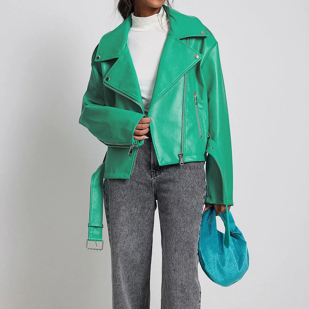 Black punk style short jacket with a Peter Pan collar, leather lapel trim, and a visible drawstring at the waist.