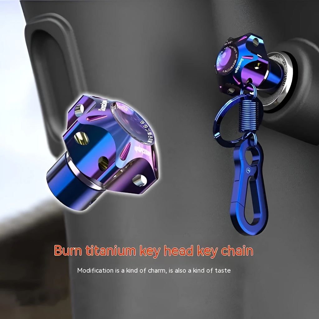 Motorcycle key cover in T6 aluminium alloy showing plum blossom, hexagonal and five-pointed star design options
