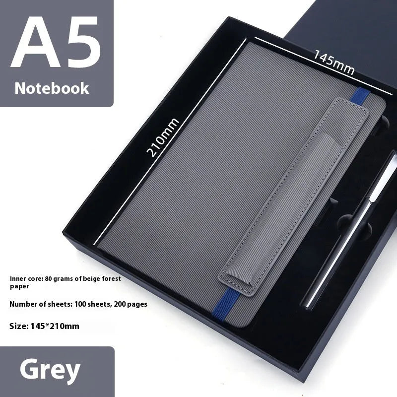 A5 faux leather notebook open with pen insert and strap, 200 pages, blue and black options