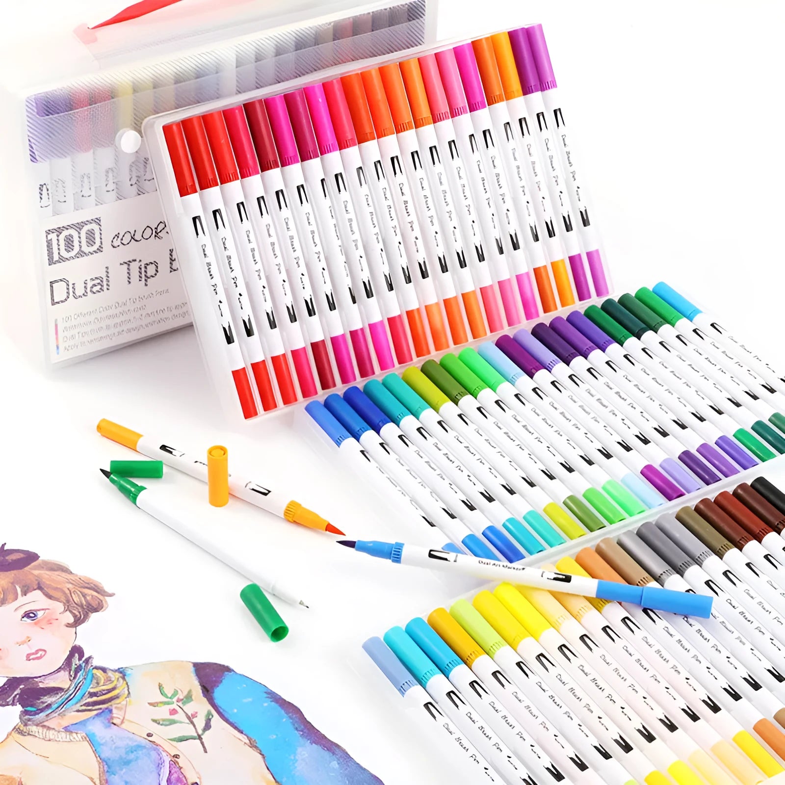 Set of ink water colour pens in a case, showing multiple colour barrels for artistic use.