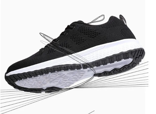 Women's breathable mesh flat heel sports shoes available in black, pink, and rose red colours