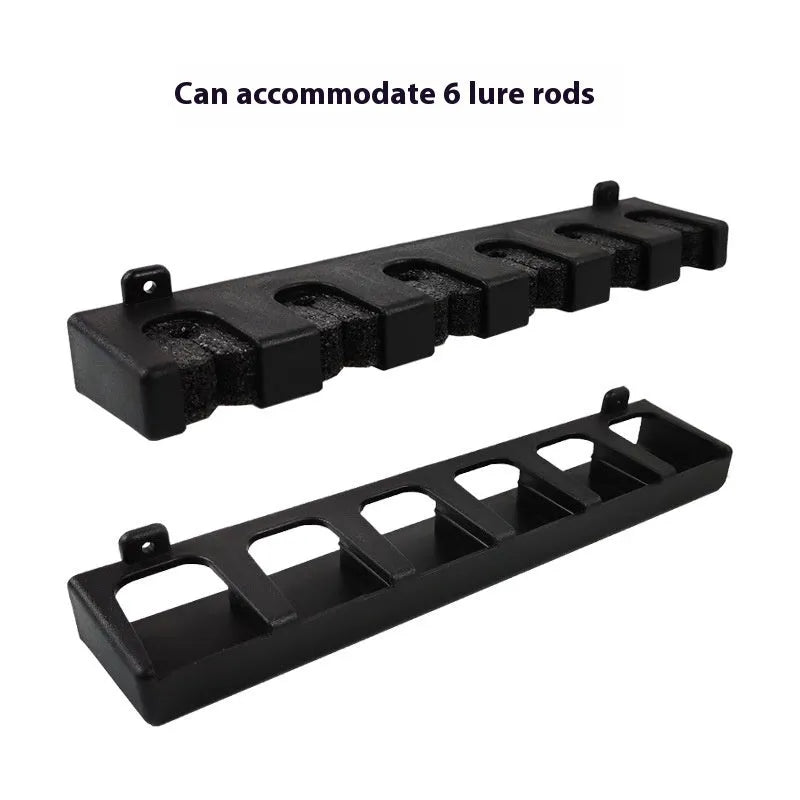 ABS plastic wall mounted fishing rod holder in black with self-tapping screws for upright or horizontal rod storage