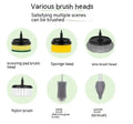 Electric cleaning brush with three brush heads in white, green, and pink colour options on a light background
