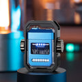 Blue zinc alloy pulse lighter with glowing double electric arcs and a mechanical gyroscope spinner, shown folded and unfolded.