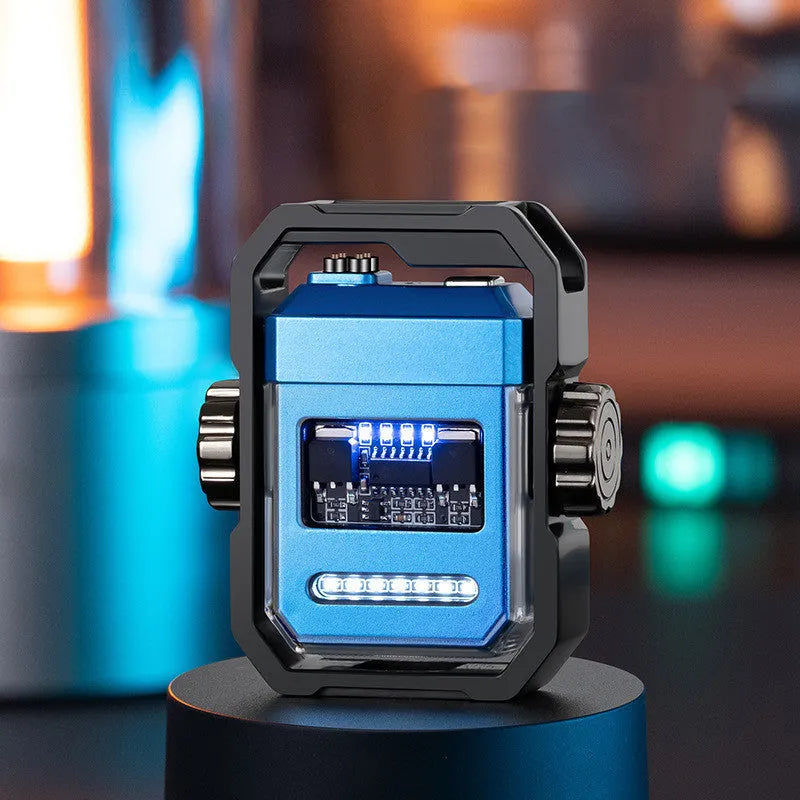 Blue zinc alloy pulse lighter with glowing double electric arcs and a mechanical gyroscope spinner, shown folded and unfolded.