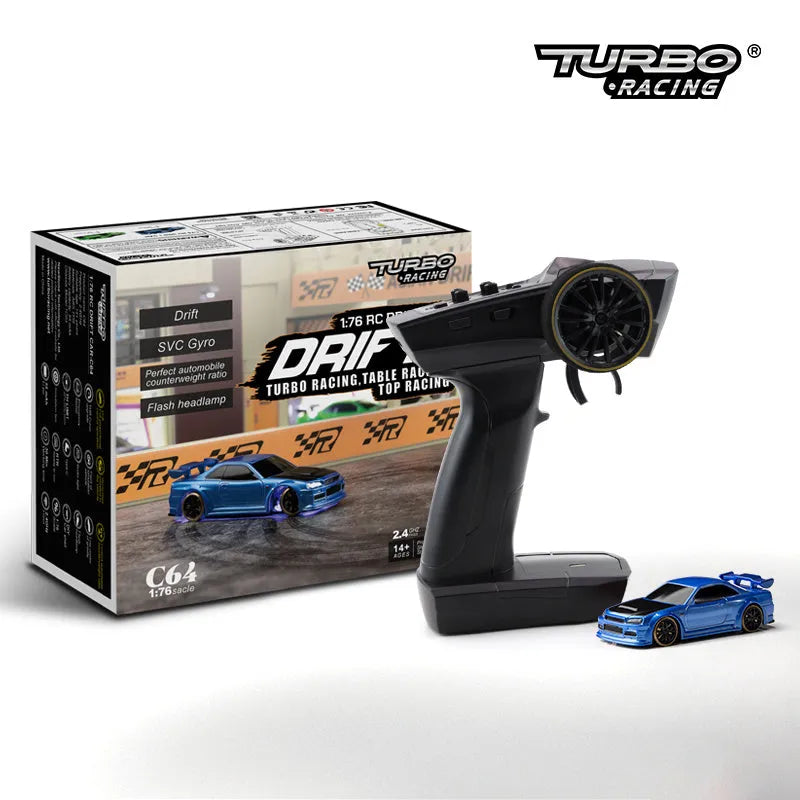 Turbo Racing C64 1:76 scale RC drift car with blue body and P21-SVC remote control transmitter