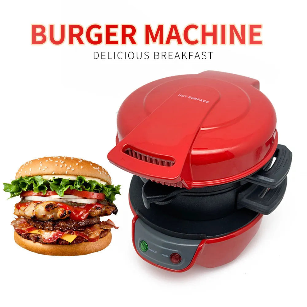 Bright red orange silver grey breakfast machine sandwich maker with egg cooker ring and waffle functions