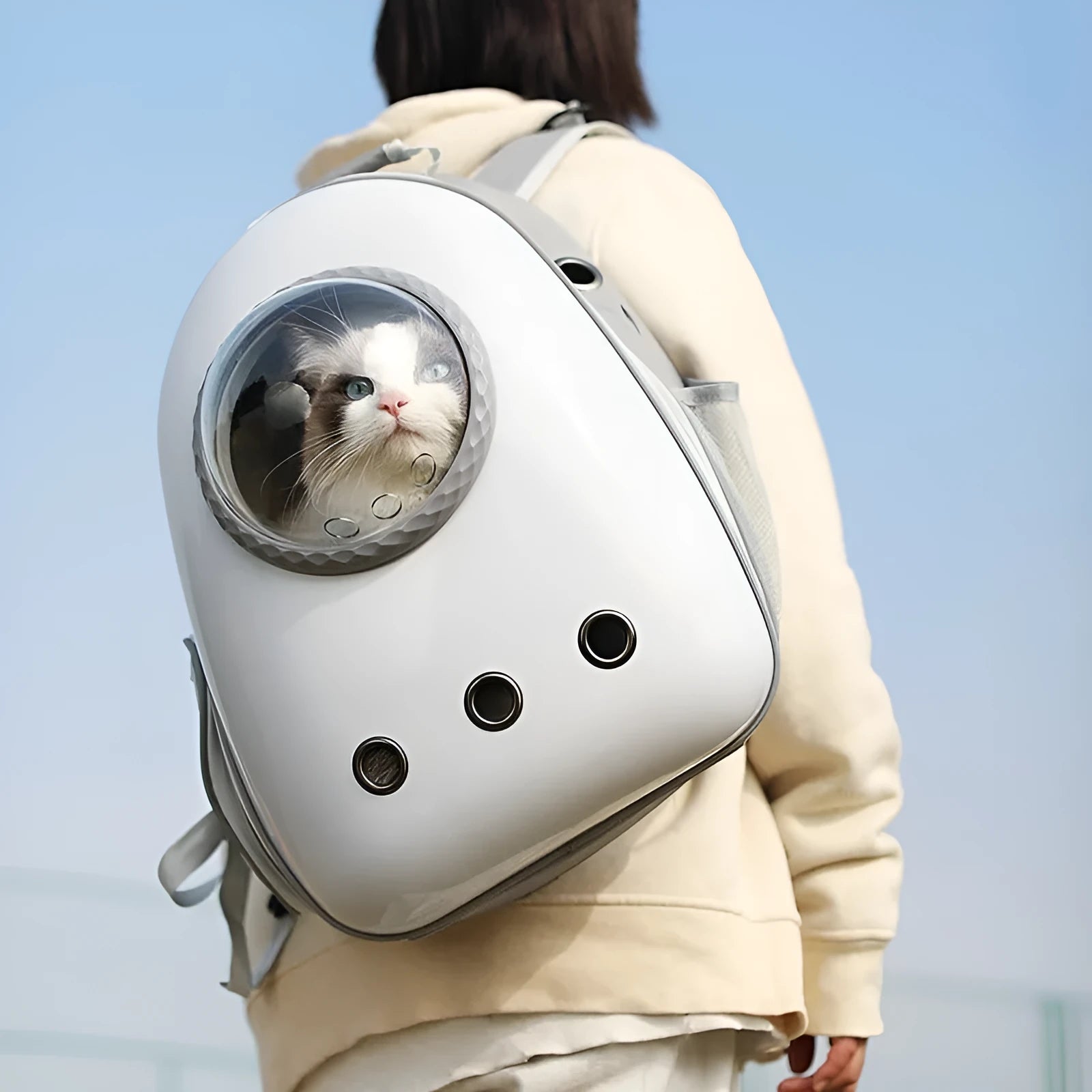 Grey acrylic mesh side open pet backpack for cats and small dogs up to 7.50kg