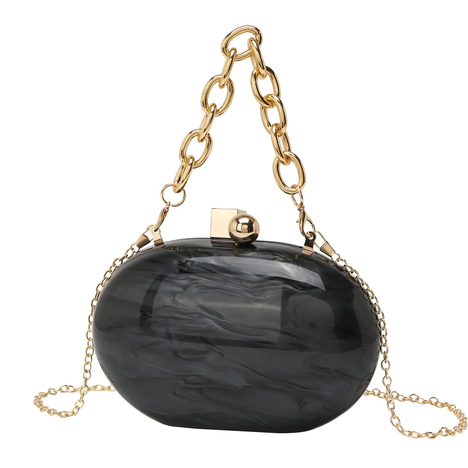 Oval acrylic women's clutch bag with detachable chain in pearlescent colour options