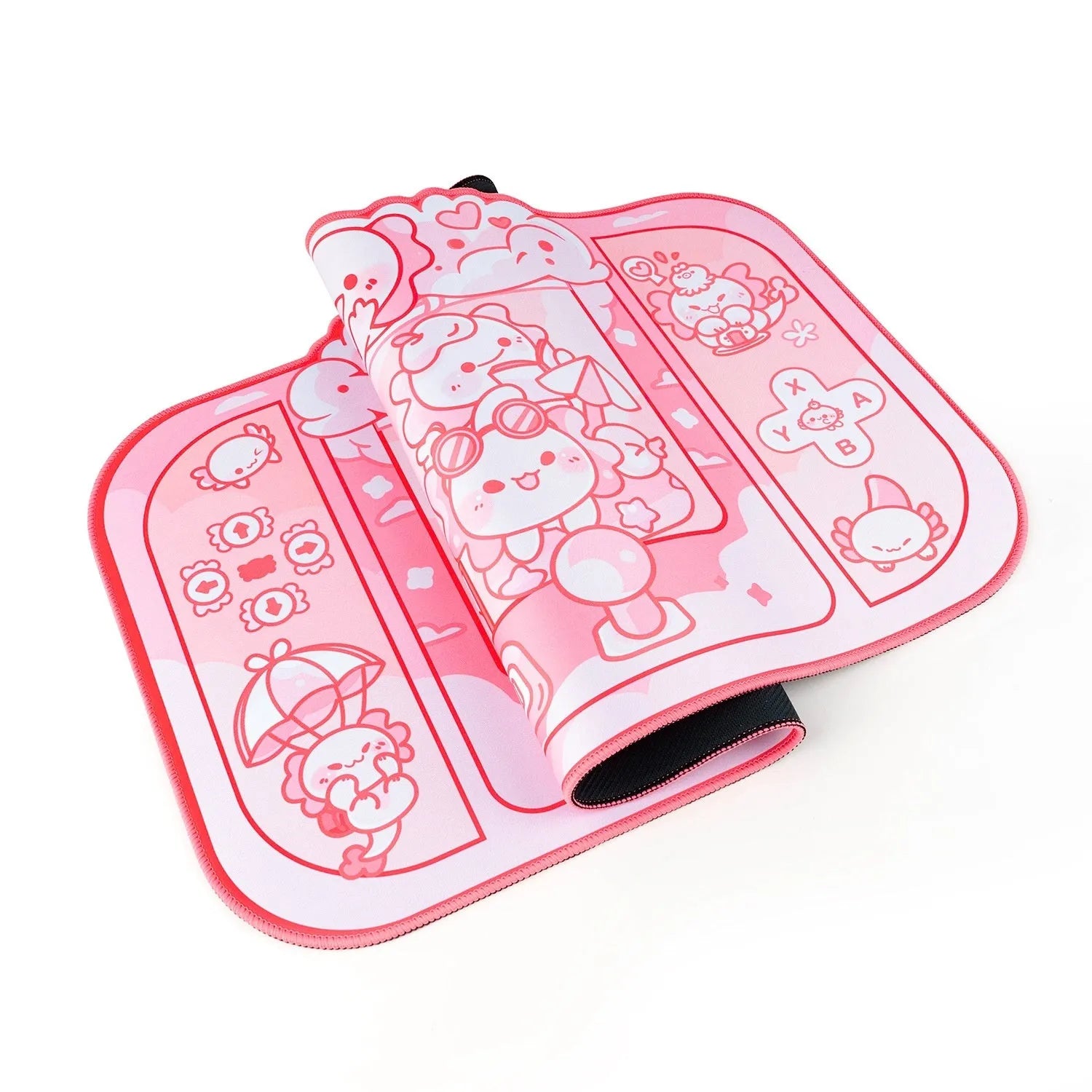 Large grey cloth mouse pad with cartoon anime hexagonal dragon crane machine print and a black wrist strap.