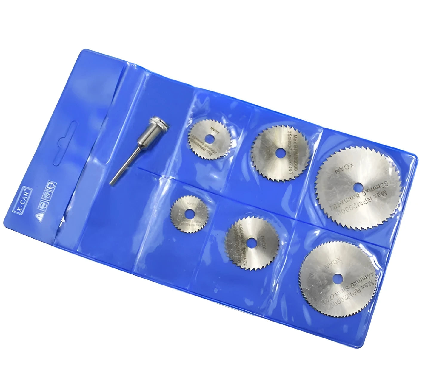 Six or seven high-speed steel circular saw blades and a mandrel on a grey background.