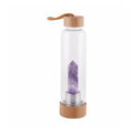 Crystal infused glass water bottle with bamboo lid and crystal stone in black colour