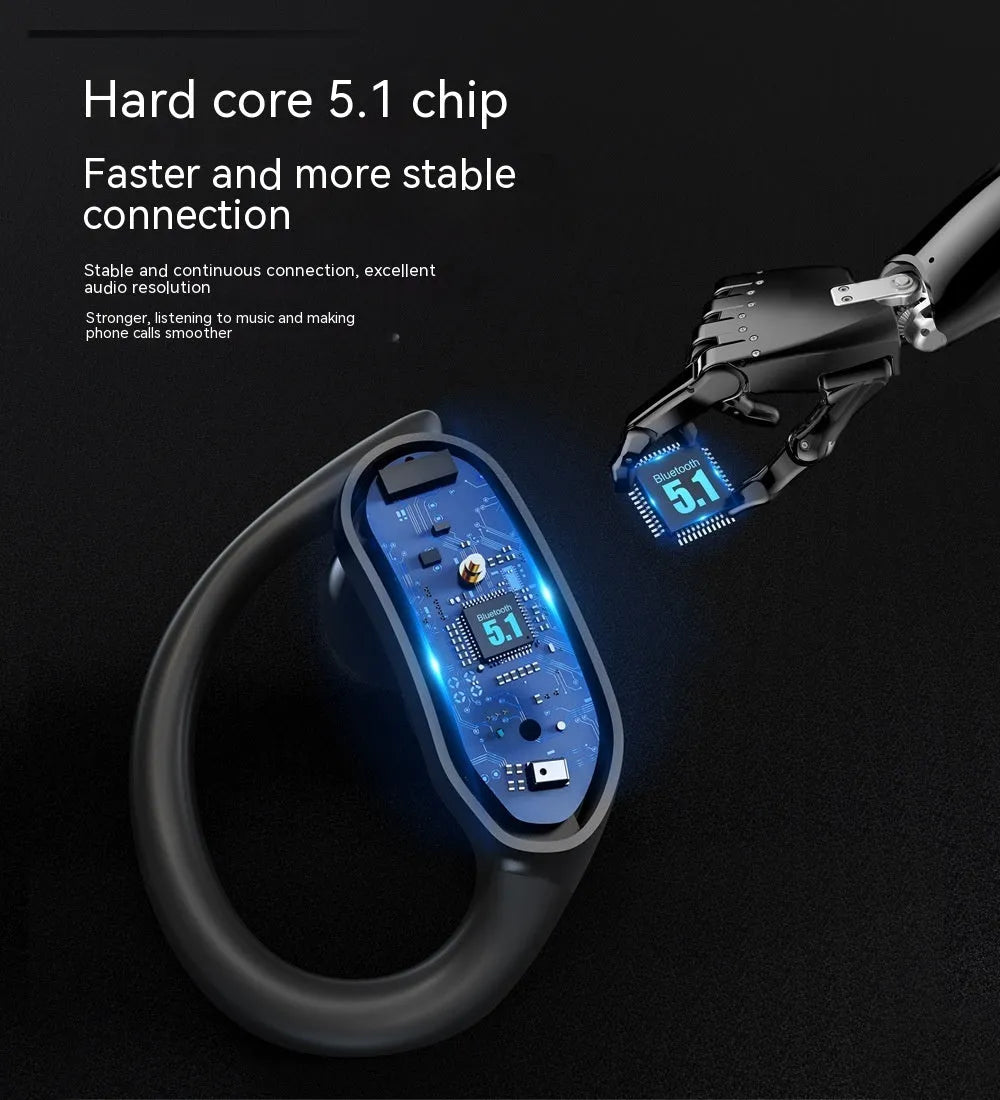 Ear-mounted IPX7 waterproof sports wireless headset with black silicone ear hooks and charging case
