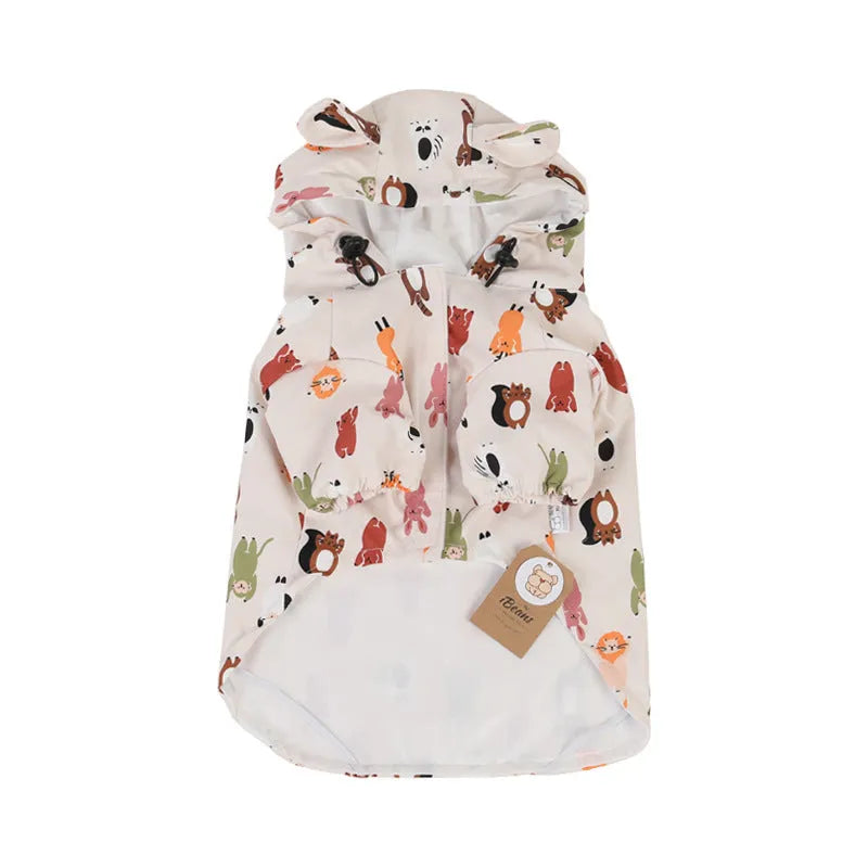 Beige dog raincoat with cartoon cat head design and waterproof PU coating