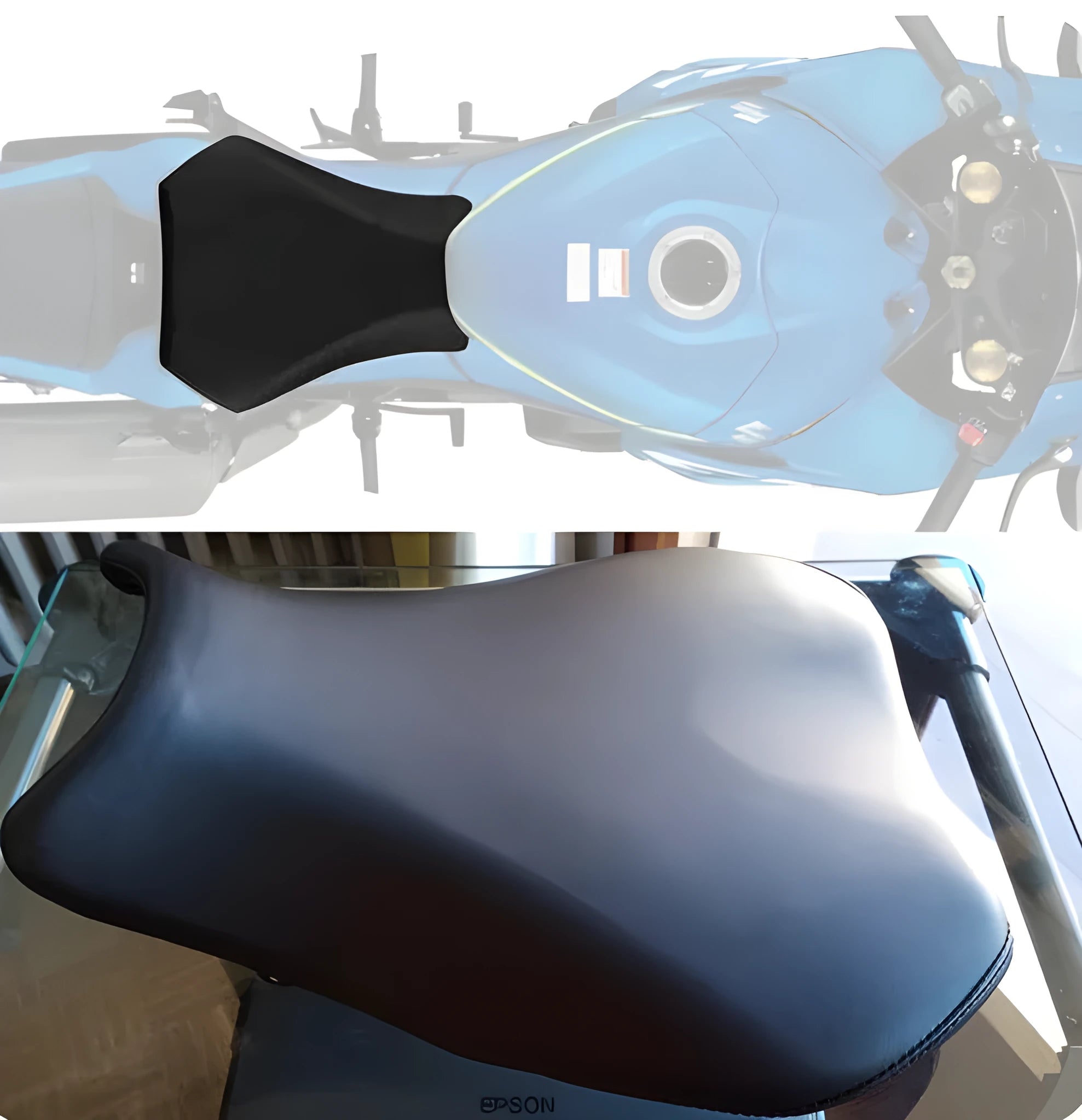 Suzuki GSXR1000 motorcycle with black PU leather seat covers fitted on front and rear seats.