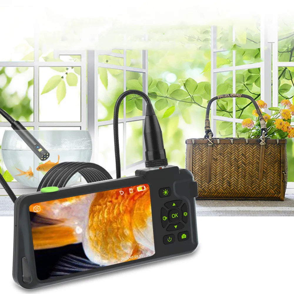 Handheld industrial endoscope with 4.5-inch colour screen and attached 5.5mm inspection camera on a cable.