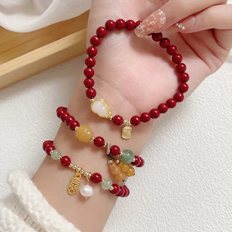 Birth year red beaded cinnabar bracelet with peace buckle gourd pendant in Chinese style for women