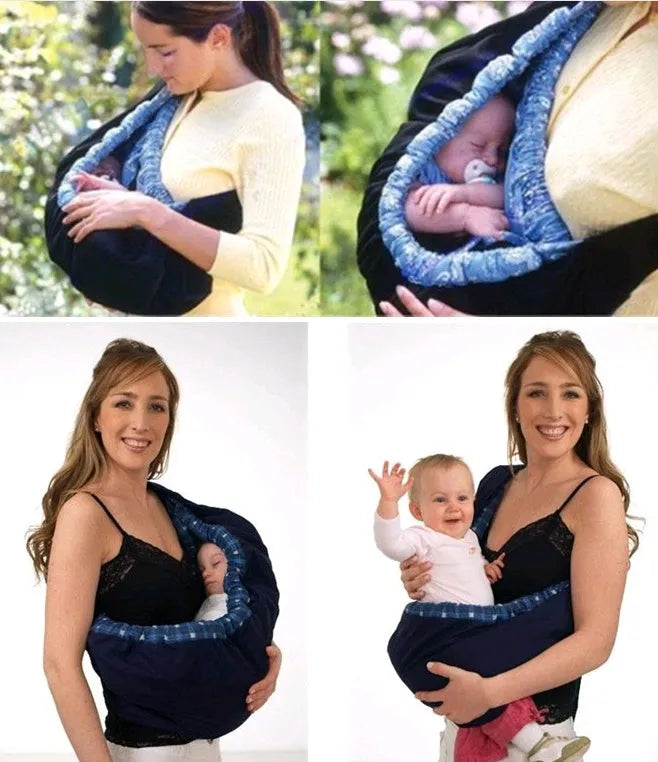 Newborn baby carrier sling with cross-arm one-shoulder strap in blue plaid fabric.