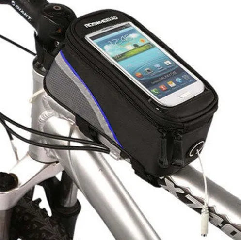 ROSWHEEL black PVC bicycle frame bag mounted on bike frame holding iPhone mobile phone