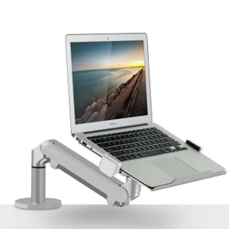 Aluminium laptop stand with adjustable arm bracket in silver colour on desk