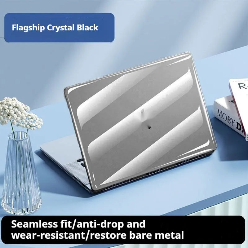 Clear and clear black transparent plastic protective shell case for a MacBook laptop.