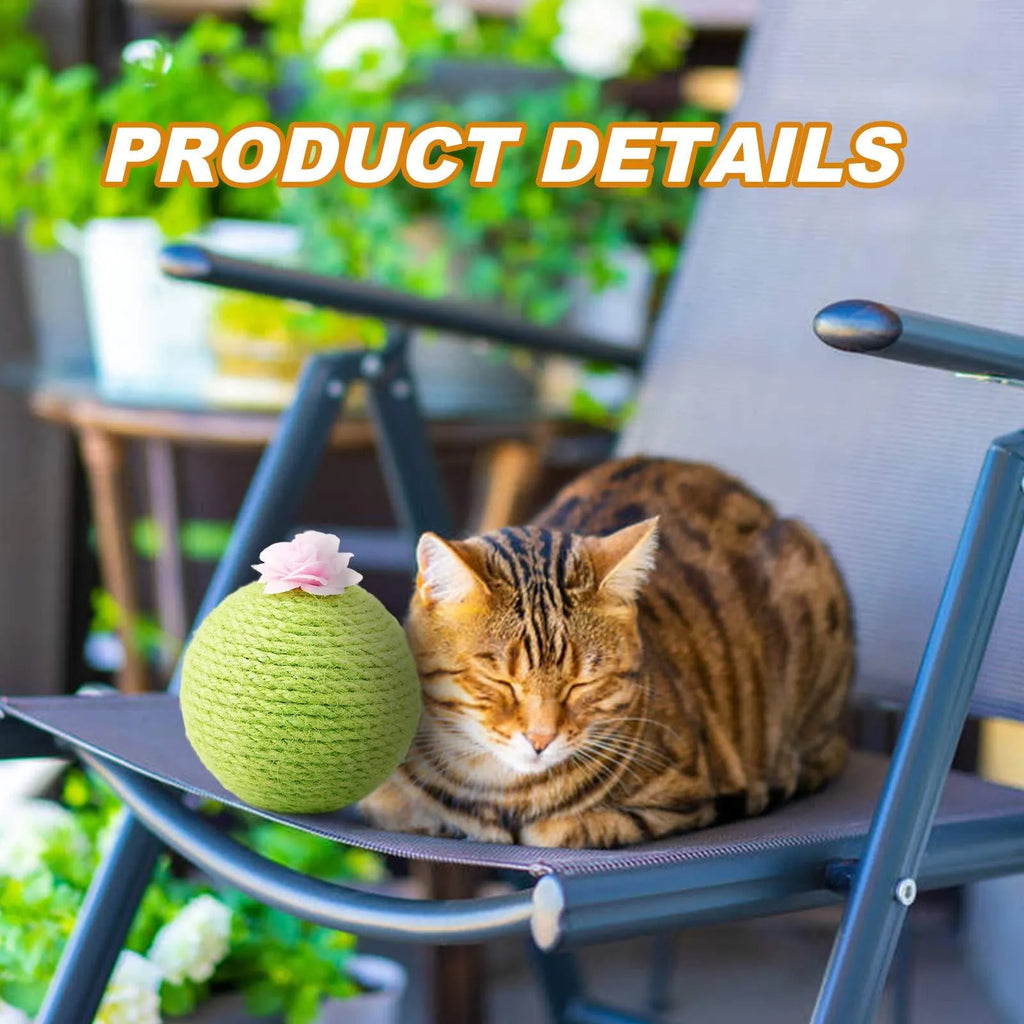 Green interactive cat scratcher ball with natural sisal cactus design and hanging accessories for indoor feline play
