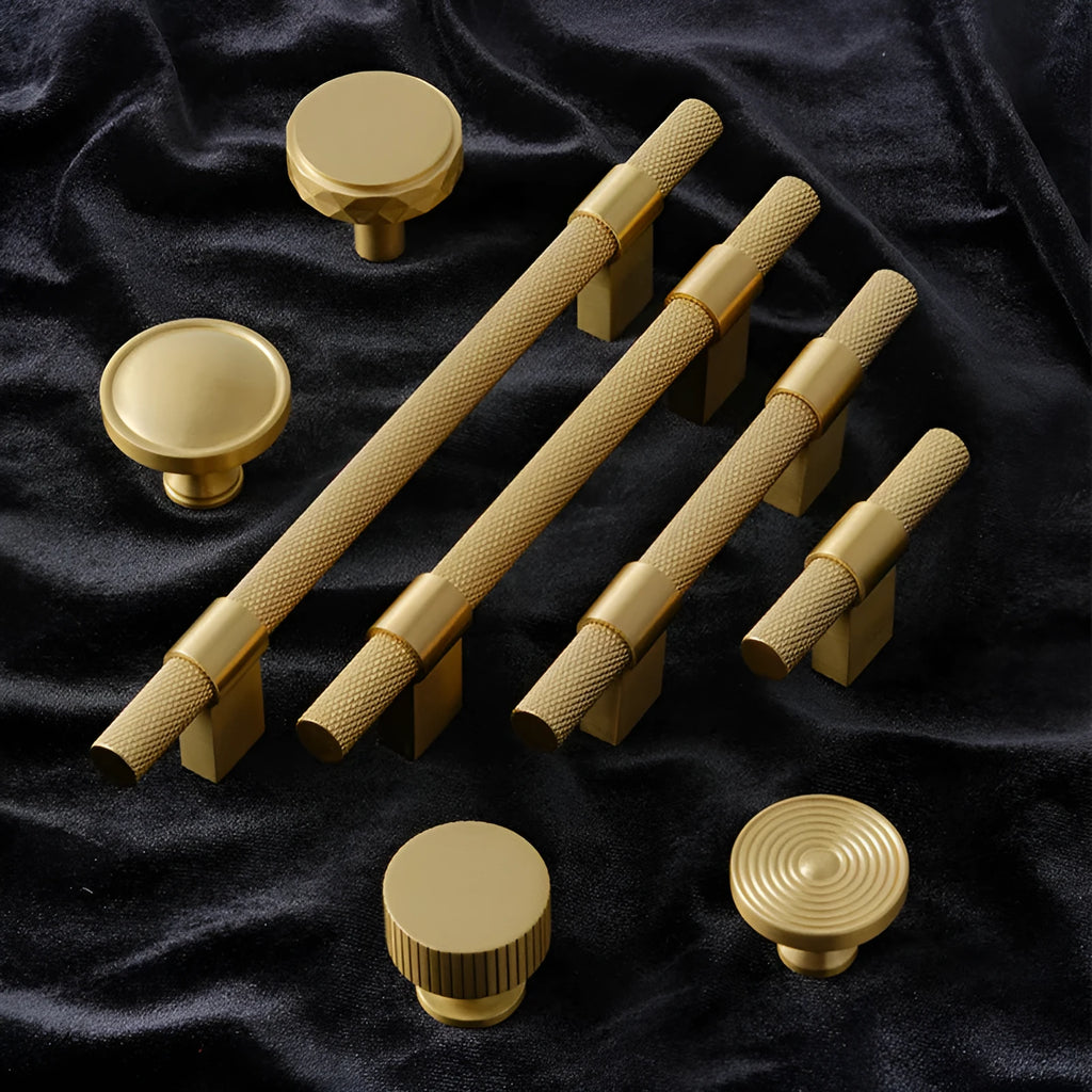 Brass knurled cabinet handle with polished sealed glaze finish in American style