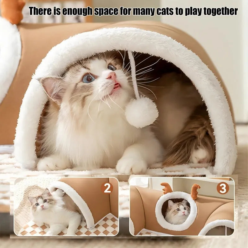 Grey plaid crystal fleece cat tunnel bed with two hanging balls, curved tunnel door, and slip-resistant bottom, for indoor use