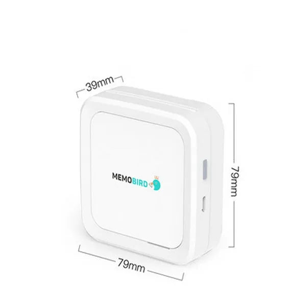 Thermal pocket portable Bluetooth printer in white with 79x79x40mm dimensions and 900mAh battery