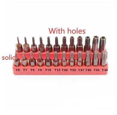 Black steel hex screwdriver bit set with sizes from T6 to T40 and magnetic tips.
