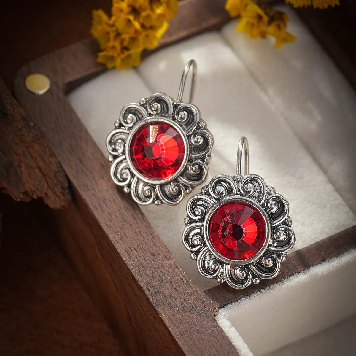 Alloy retro bohemian carved ruby drop earrings for women in colour 10505