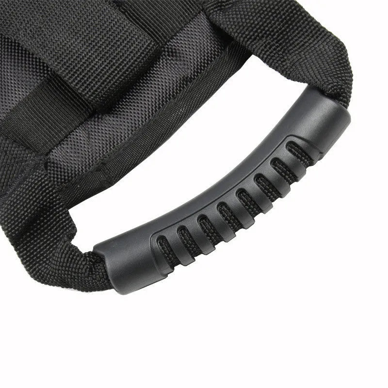 Motorcycle rear seat safety handle in black with Oxford cloth strap and adjustable buckle