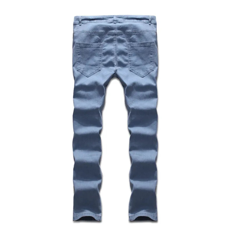 Men blue polyester denim trousers with button placket and mid-waist fit, casual style
