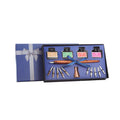 Wooden dip pen set with eight coloured ink bottles, two nibs, and blank paper in a wooden box