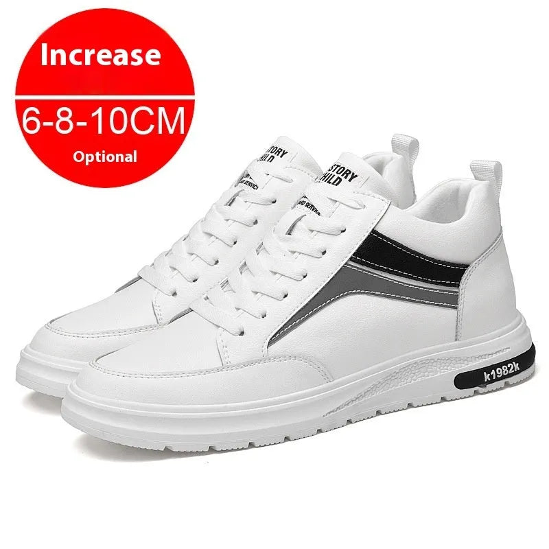Men's black and white low-top lace-up casual sneakers with hidden height increase insoles on a rubber sole.