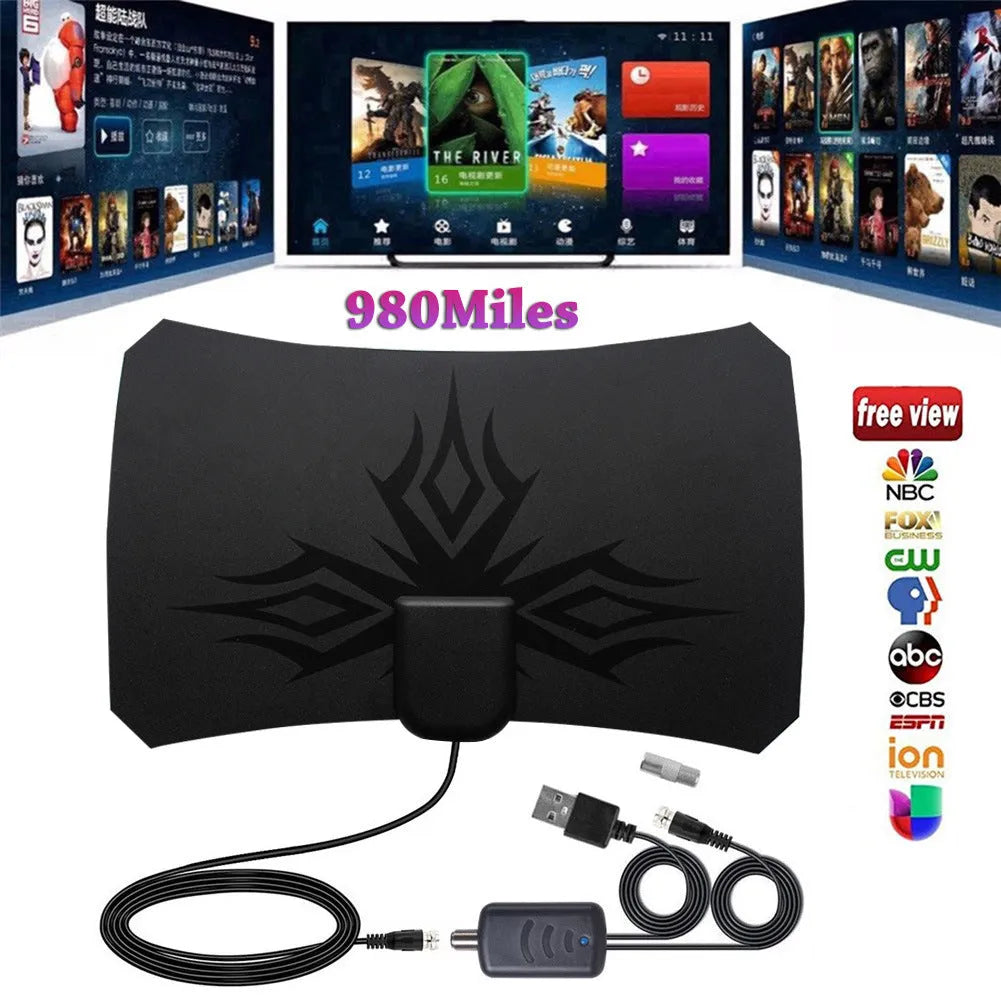 Black irregular flame pattern HDTV antenna for digital TV, VHF and UHF reception, 75 ohm output