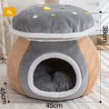 Grey mushroom-shaped plush cat nest bed with a round opening, shown on a white background.