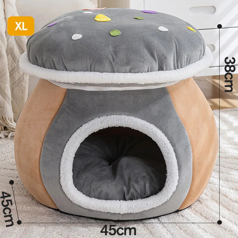 Grey mushroom-shaped plush cat nest bed with a round opening, shown on a white background.