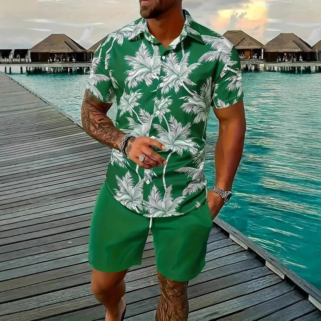 Men's 3D printed Hawaiian short sleeve suit set with matching top and shorts on a model.