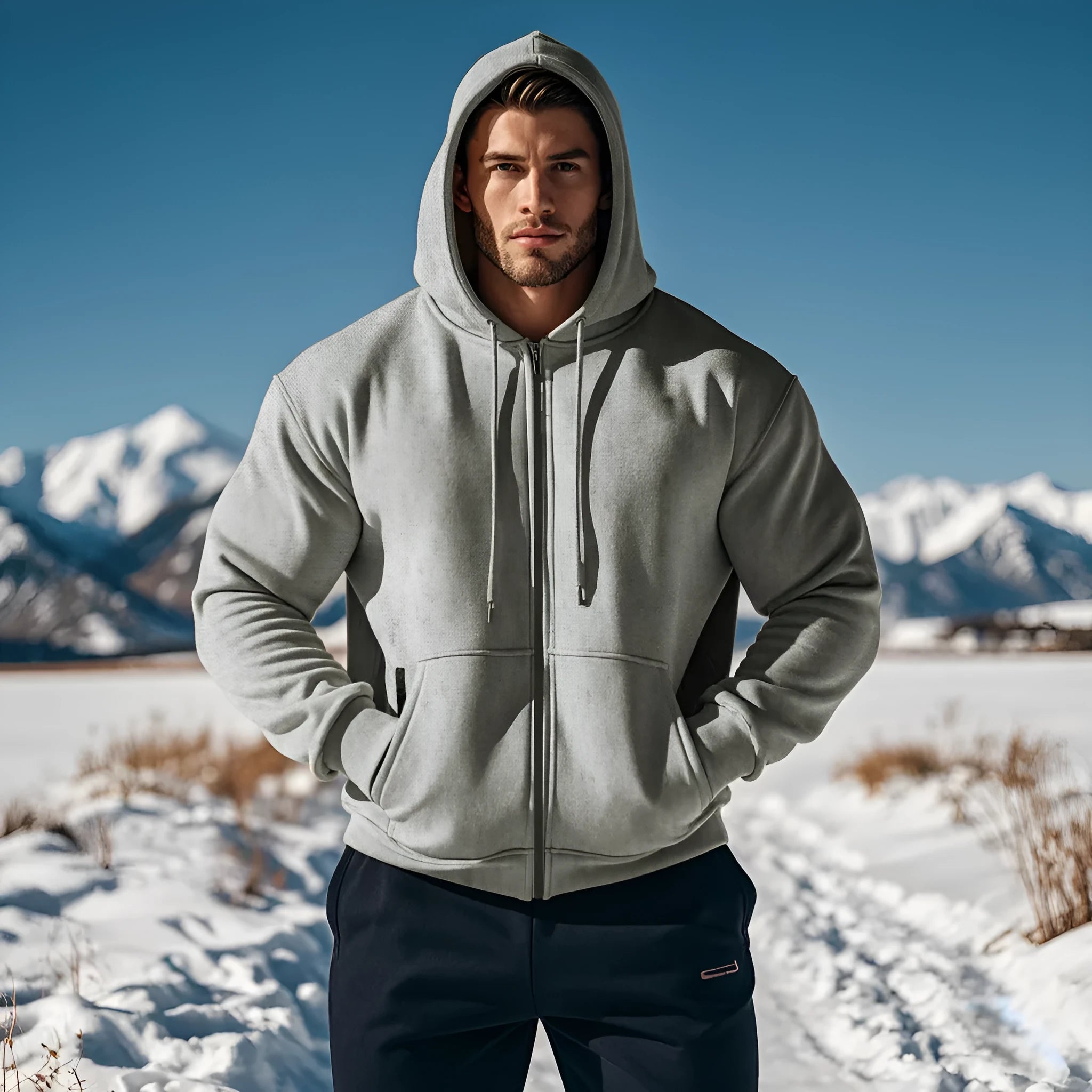 Men's velvet hooded zipper casual sweatshirt in light gray with wool lining and long sleeves