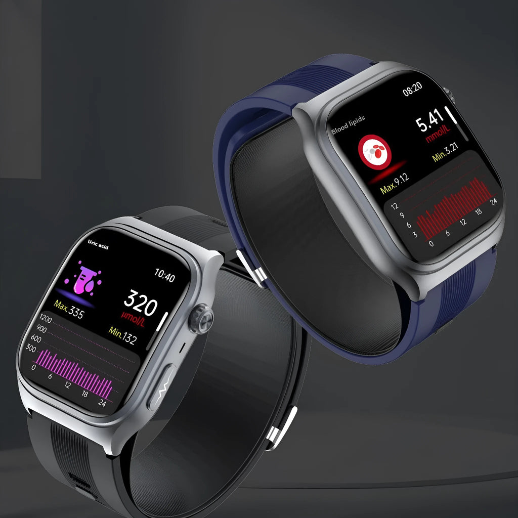 S15 Smart Watch with AMOLED display showing blood pressure and uric acid monitoring on a wrist with black leather strap