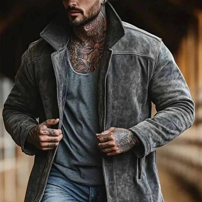 Men's stand collar mid-length coat in dark gray loose fit polyester fiber