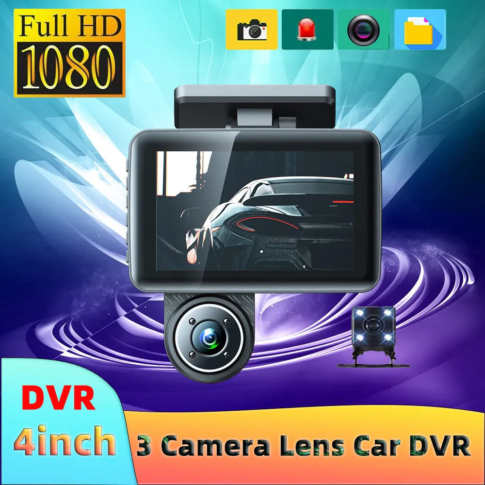 Black 4 inch dashcam with touch screen display and wide angle lens for vehicle recording