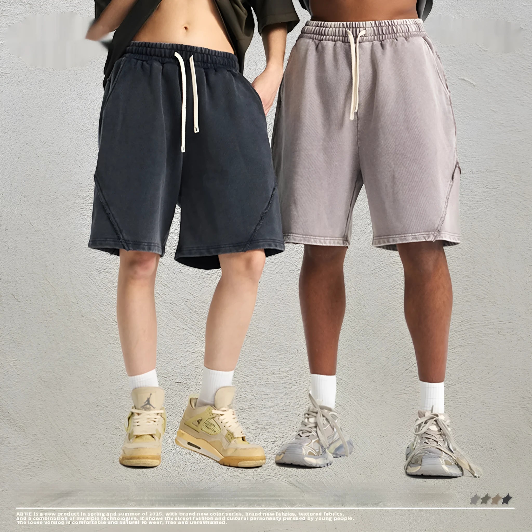 Men's batik washed patch craft retro shorts in pure cotton terry fabric with loose street fashion fit