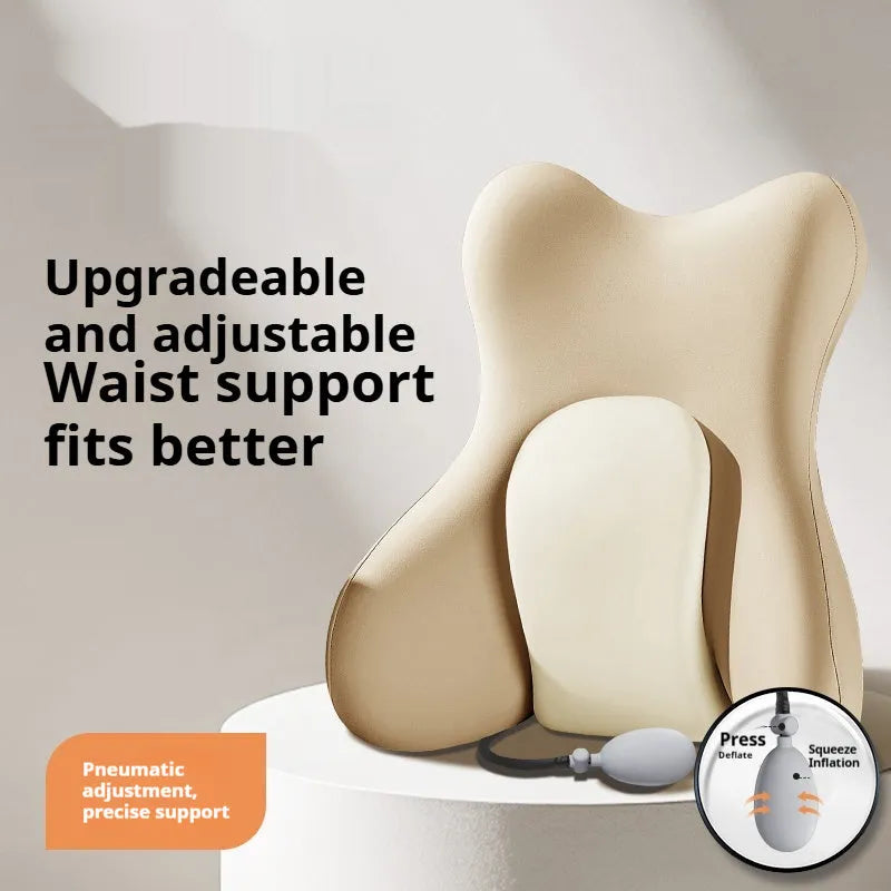 Brown ergonomic memory foam backrest waist pad with removable cover on a chair.
