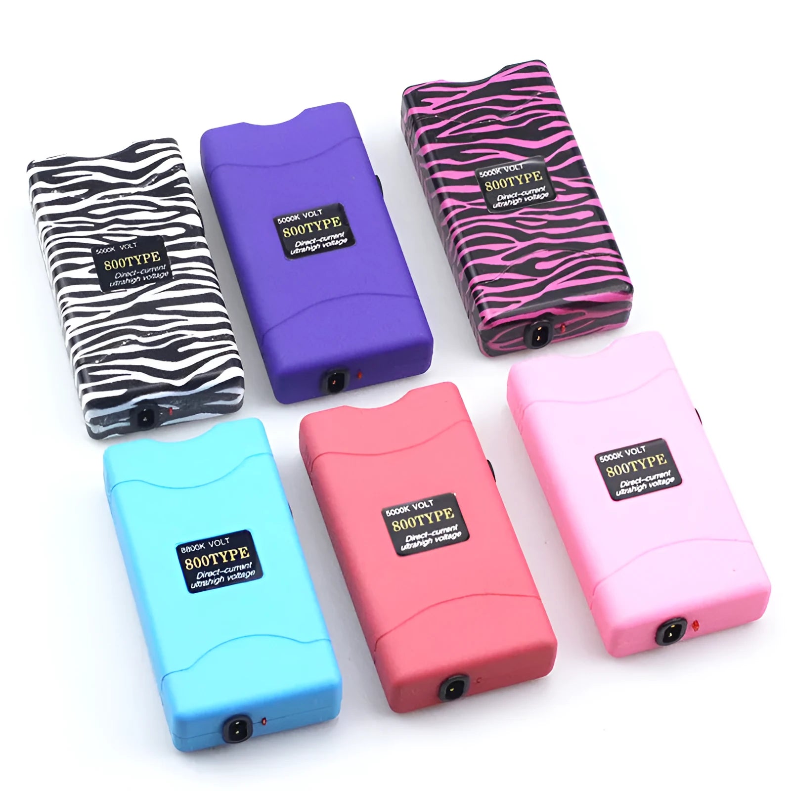 Female self-defence multi-function plastic flashlight in purple, white, rose, blue, red, and pink colour options.