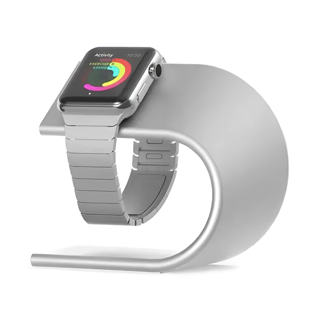 Grey aluminum alloy U-shaped Apple Watch charging stand on desk, 105x50x90mm